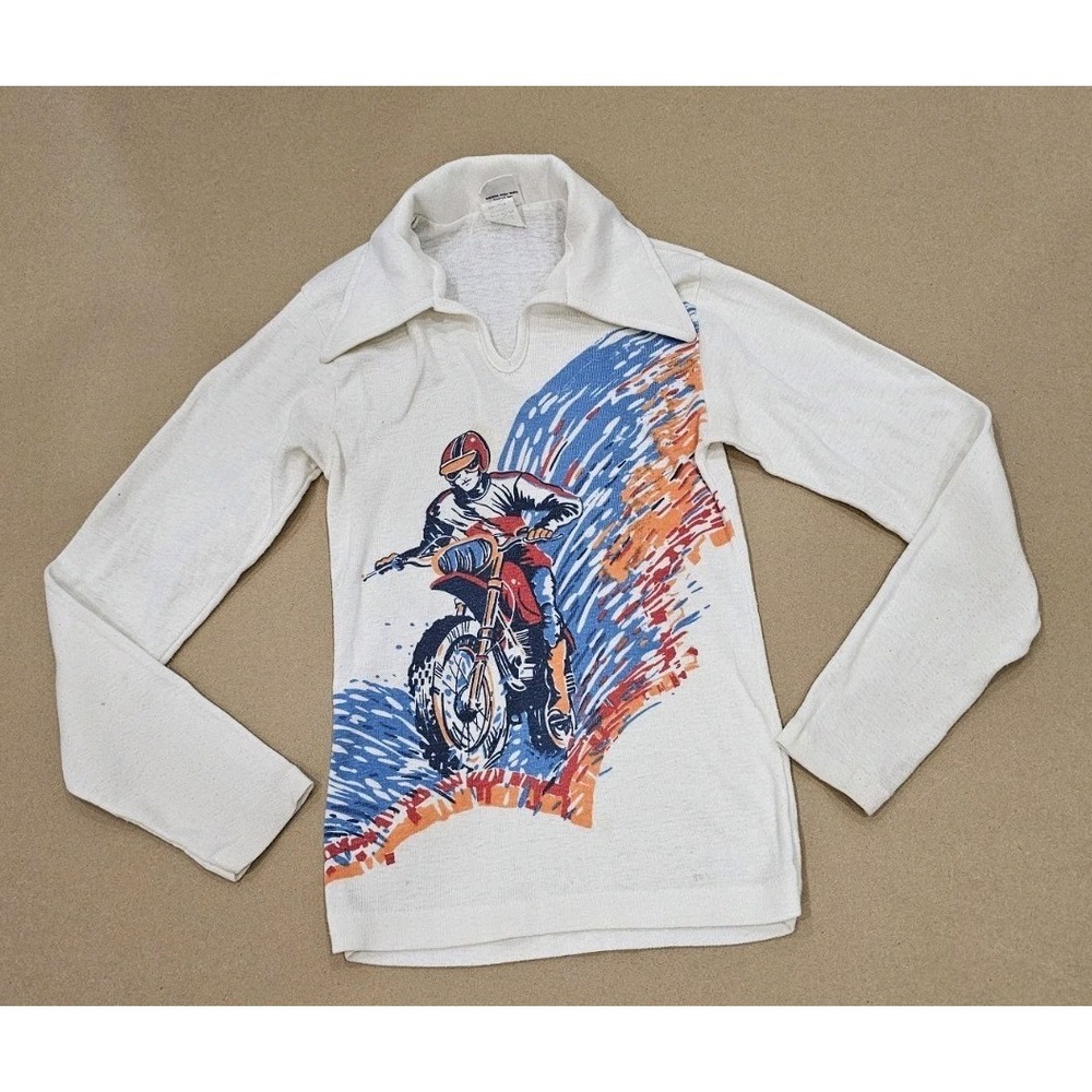 70's 80's Sears Motocross Dirt Bike Graphic Youth Boys Sz 12 Long Sleeve Shirt - Picture 1 of 13